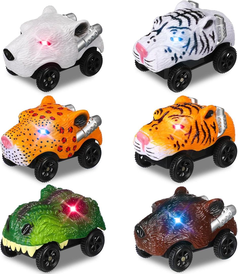 Skylety 6 Packs Dinosaur Track Car Race Replacement LED Light up Battery Powered Dinosaur Race Glow in The Dark Dino Accessories Compatible with Most Tracks, Car Only(Beast)