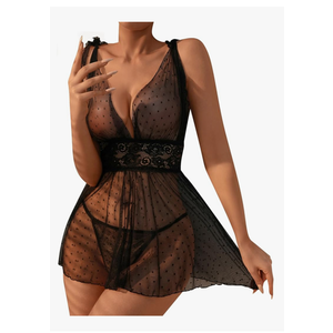 OYOANGLE Women's 2 Piece Polka Dots Lace Sheer Mesh V Neck Babydoll Teddy Lingerie Set, Size M
