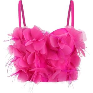 BEAUDRM Women's 3D Floral Spaghetti Strap Party Concert Crop Top Cropped Slim Fit Cami Top Camisole Hot Pink X-Small
