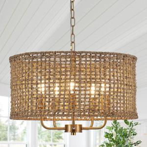 Hand-Woven Rattan Chandelier Vintage Farmhouse Boho Bamboo Golden Chandelier Light Fixture Retro 5-Lights Drum Wicker Gold Chandeliers for Dining Room, Kitchen Island, Living Room (Gold 19.7")