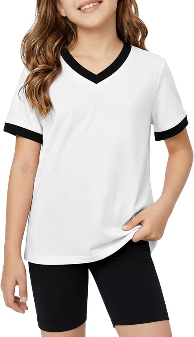 Poroka Girls Short Sleeve Shirt V-Neck Tee with Ribbed Trim Plain T-Shirts Soft Fashion Summer Tops for Girls, 7-14 Years (White, XL)