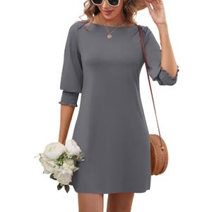 LUYAA Womens Summer Mini Dresses Boatneck 3/4 Puff Sleeve Floral T Shirt Dress with Pockets Boho Dresses Fashion Trendy 2025, M