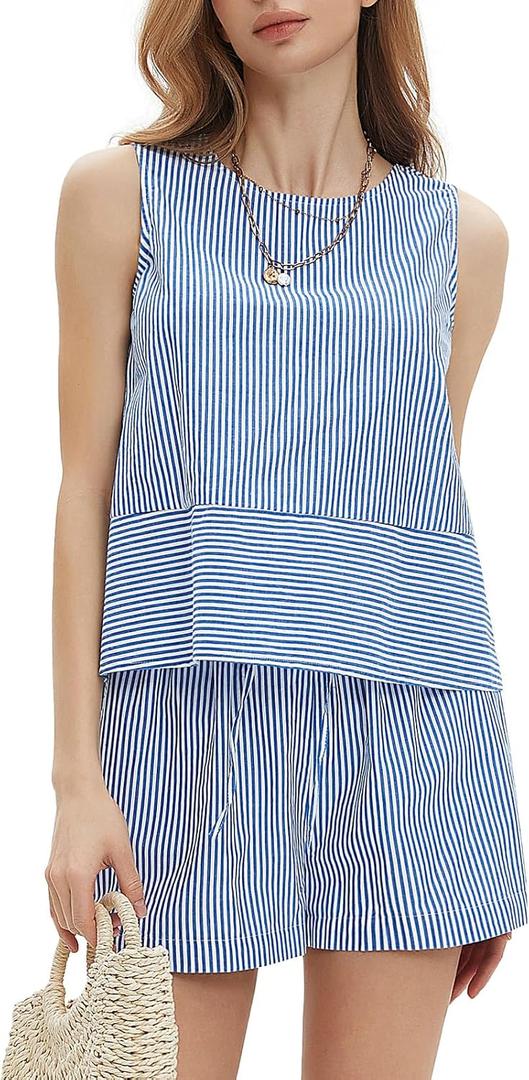 EXLURA Womens 100% Cotton Two Piece Sets Summer Outfits Casual Sleeveless Tank Top Matching Shorts Sets Beach Vacation Resort, Large