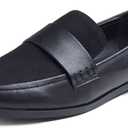 FEVERSOLE Women's Fashion Dress Comfort Low Heel Office Penny Loafer Flats (7.5, Plain Welt Faux Suede Black Vegan Leather)