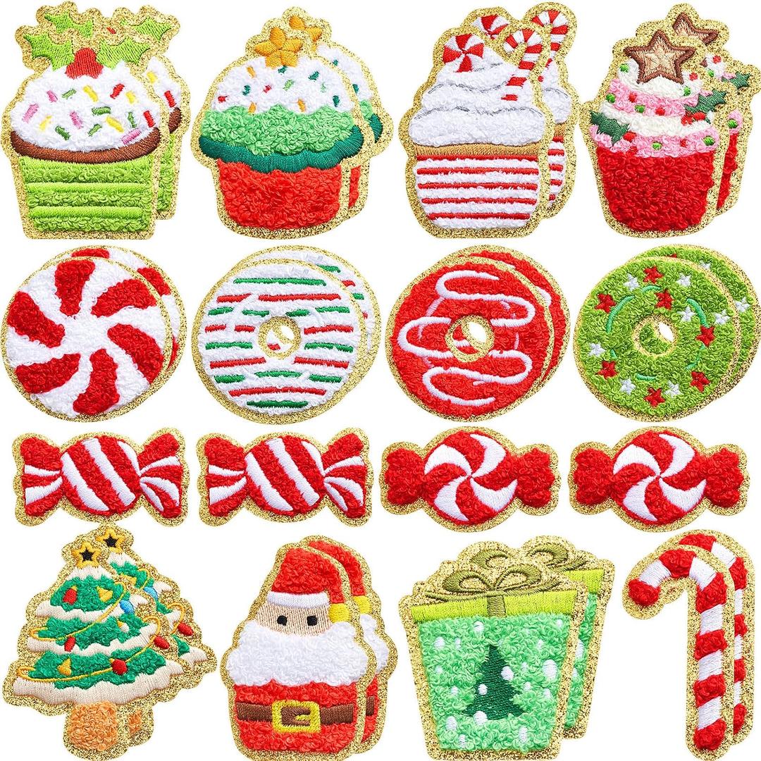 WILLBOND 28 Pcs Red Green Christmas Desserts Chenille Patches, Self Adhesive Cupcake Candy Ice Cream Embroidered Patches for Clothing Jackets Backpacks Christmas Party DIY Accessories