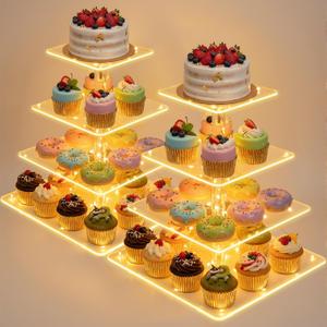 2 Pack 4 Tier Cupcake Stand with LED String Light Acrylic Cupcake Display Stand Clear Dessert Display Holder for Birthday, Wedding, Baby Shower, Party