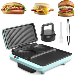Baker's Friend Breakfast Sandwich Maker, Nonstick Electric Griddle & Grill Combo, 3 in 1 Breakfast Station, Make Egg Muffin Sandwiches Burgers Hot dogs & Pancakes, Includes Burger Press, Tong & Brush