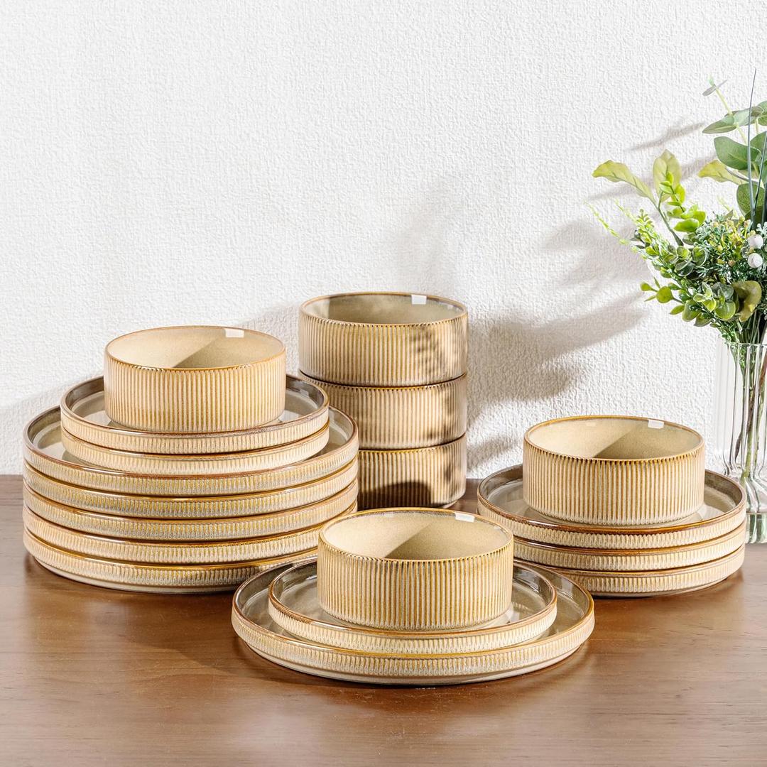 GBHOME 12-Piece Stoneware Dinnerware Set for 4  Ribbed Ceramic Plates and Bowls, Scratch-Resistant, Microwave & Dishwasher Safe, Reactive Glaze, Barley Latte