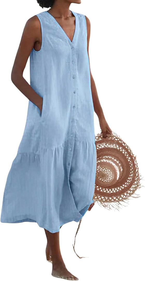 chouyatou Women's Summer Sleeveless Button Down Cotton Tank Dress Loose A-Line Tiered Tunic Beach Dress (X-Large, Light Blue)