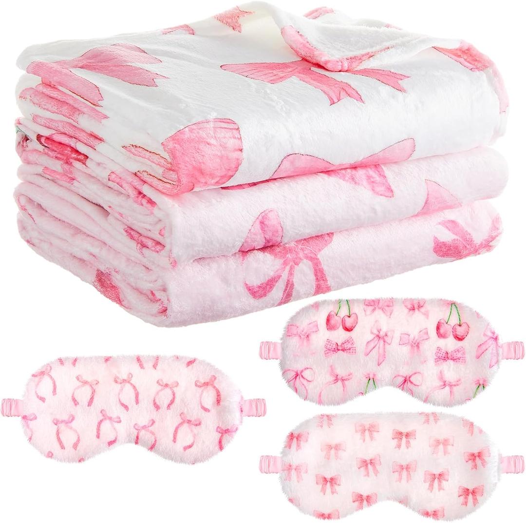 Fanfanwin 6 Pcs Sleepover Party Supplies for Girls, 3 Blanket and 3 Plush Eye Mask Covers for Sleeping Slumber Sleepover Spa Party Birthday Christmas Valentine Gifts(Bow,Pink), Queen