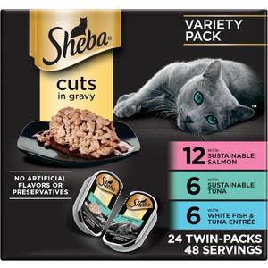 Sheba Perfect Portions Wet Cat Food Cuts in Gravy, Cat Food Wet Recipe, Sustainable Salmon, Tuna, White Fish and Tuna Entree, 2.6 oz. Twin-Pack Trays (24 Count, 48 Servings)