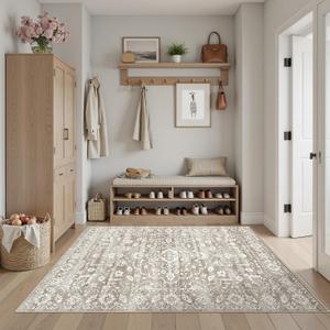 Soalmost Area Rugs 4x6 for Living Room, Stain Resistant Neutral Washable Rugs for Dining Room, Kitchen, Floral Vintage Non-Slip Area Rug Farmhouse 4x6 Rug Light Brown
