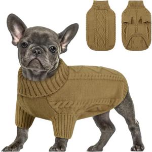 Queenmore Small Dog Pullover Sweater, Cold Weather Cable Knitwear, Classic Turtleneck Thick Warm Clothes for Chihuahua, Bulldog, Dachshund, Pug (Light Brown, Small)