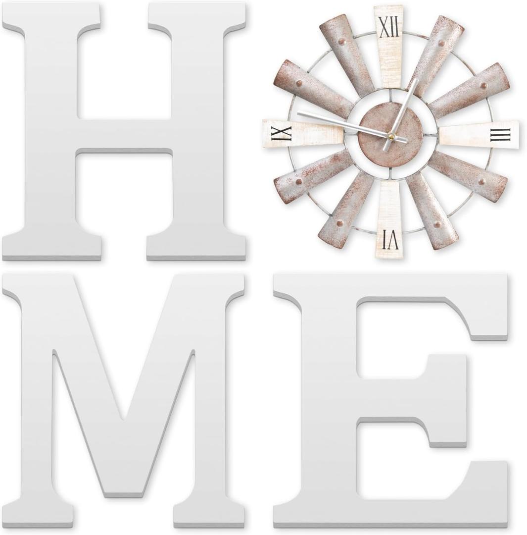 ZAZIWZ Farmhouse Home Signs with Windmill Clock Wall Decor Rustic Home Letters Wall Art for Living Room Kitchen Entryway Dining Room Bedroom (White)