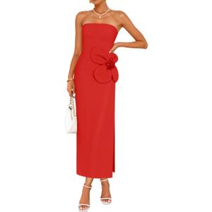 ZESICA Women's Summer Strapless Bodycon Maxi Dress 2026 Ribbed Knit Backless Floral Tube Cocktail Party Long Dresses (Red, M)