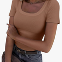 Womens Tops Summer Square Neck Short Sleeve Shirts Ribbed Knit Slim Fitted Tshirt Casual Tees Y2K Clothing M