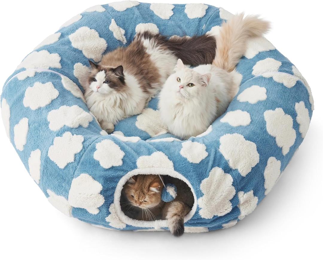 Lesure Large Cat Tunnel Bed - Cute Donut Bed for Indoor Cats with Washable Circle Cushion, Round Pet Peekaboo Cave Toy for Multi Kitten/Puppy/Rabbit, Large Cozy Clouds Blue