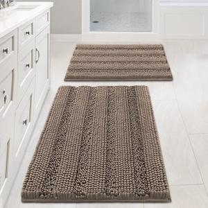 Bathroom Rugs Sets 2 Piece Non Slip Thick Shaggy Chenille Bathroom Rug Mat Set Extra Soft and Absorbent Striped Floor Rugs, Machine-Washable, Taupe Brown