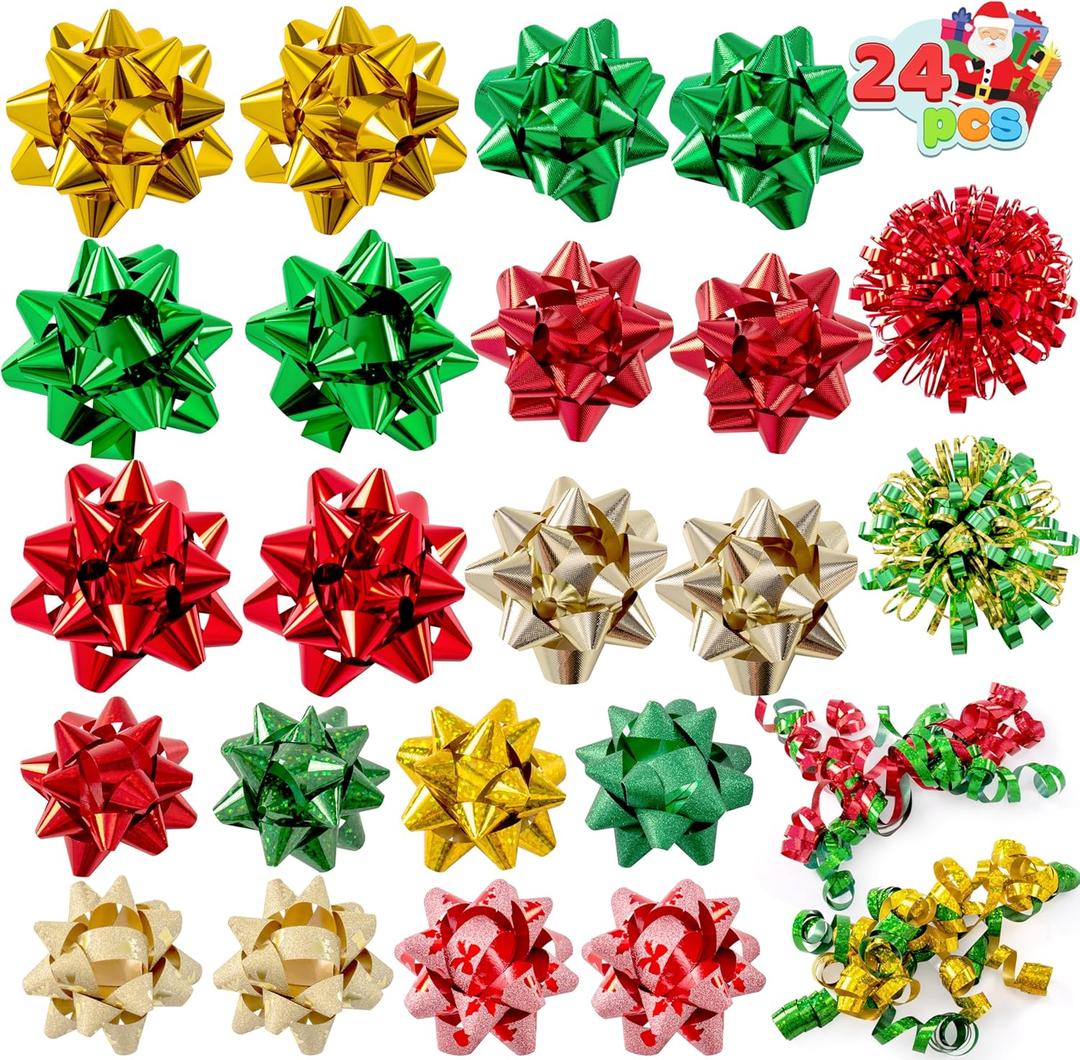 JOYIN 24 PCS Christmas Wrap Gift Bows with 20 Multi-Colored Assorted Size Self Adhesive Bows, 2 Tinsel and 2 Curly Ribbon Bows Wrapping Accessory for Gift Wrapping, Christmas Wrapping Decoration