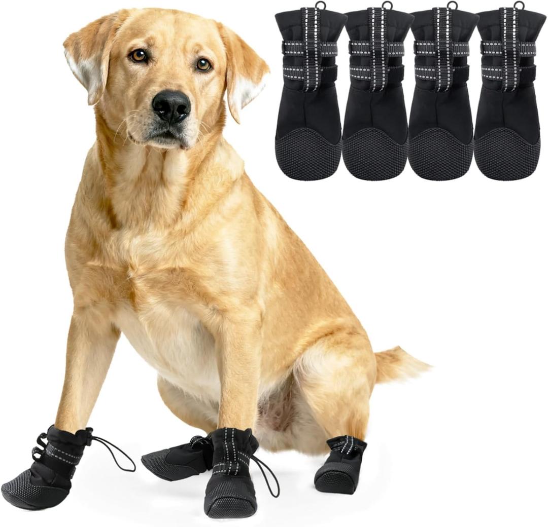 Snow Boots for Large Dogs, Waterproof & Anti-Slip & Reflective, Dog Booties and Paw Protectors, 4Pcs Dog Shoes for Winter Hiking Walking Outdoor,Summer Hot Pavement, Size L, Black