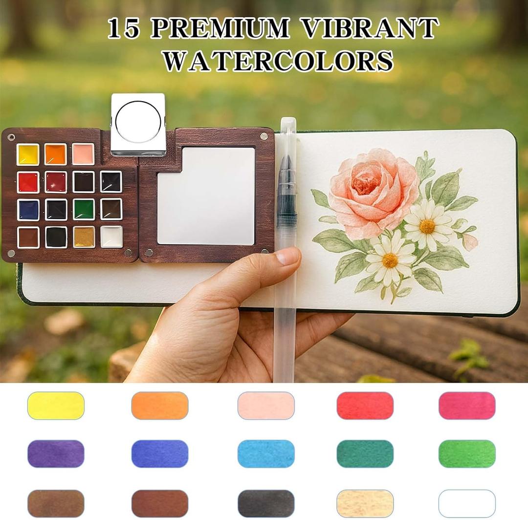 Mini Watercolor Paint Set - 15 Color Travel Watercolor Palette Set - Portable Water Color Paint Set with  Binder Clips,Pens,Wooden Box for Beginners Painters Artists Student