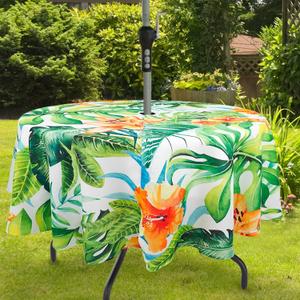 Tropical Leaves Outdoor Tablecloth with Umbrella Hole for Round Table, Waterproof Green Leaf Patio Table Cloth with Zipper - 60 x 60 inches