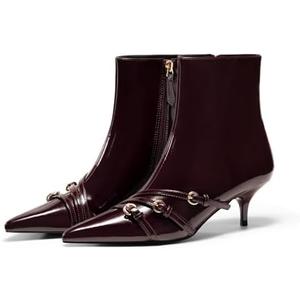 Coutgo Womens Buckle Strap Ankle Booties Kitten Low Heel Pointed Toe Y2K Boots Side Zipper Fall Shoes (Size: 7)