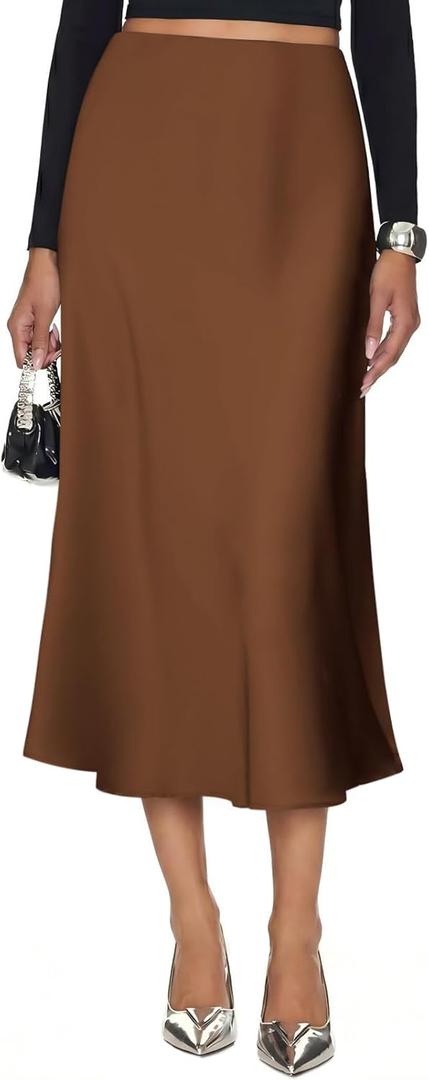 Women's Silk Satin Midi Skirt Elastic High Waisted A-Line Cheetah Print Leopard Long Skirts for Women Trendy (Brown) S