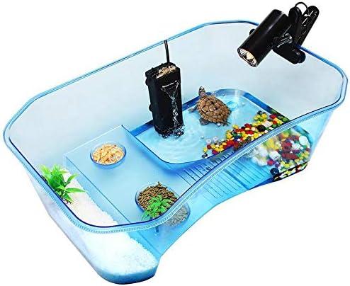 Turtle Tank with Multi-Function Areas, Easy Assembly, Ideal for Small Turtles & Reptiles, Includes Plastic Tree & Fishing Net (Blue)