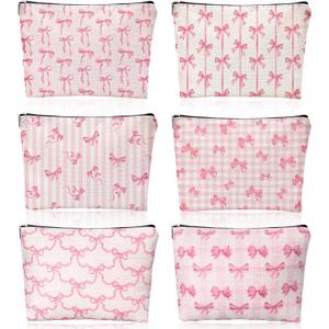 Kacctyen 6 Pack Pink Coquette Bow Makeup Bag Preppy Cosmetic Bags Zipper Pouch Travel Toiletry Bag Pink Trendy Pouch Bag Gift for Coquette Birthday Paty Favor Girls Travel Storage Accessories