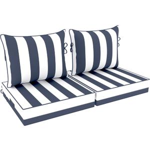 Deep Seat Patio Cushions 22 x 22 Inch Waterproof Outdoor Chair Cushions Set of 2 Loveseat Cushions for Outdoor Furniture 4'' Thick Patio Furniture Cushion with Handle Straps, Blue Stripe
