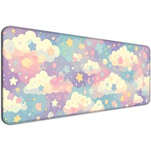 Cute Colorful Cloud and Star Desk Mat, Watercolor Pink Extended Large Gaming Mouse Pad, Computer Keyboard Laptop Girl Kawaii Mousepad for Work, Game, Office and Home, XL (Ms26)