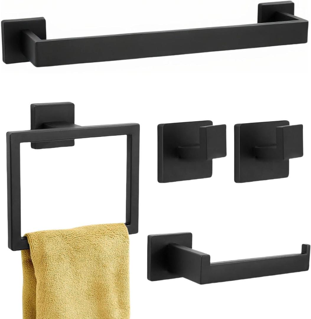 Twirobt 5-Piece Matte Black Bathroom Hardware Accessories Set - 16 Inch Stainless Steel Wall Mounted Towel Rack, Toilet Paper Holder, Towel Ring & 2 Hooks, Bathroom Organizer and Storage