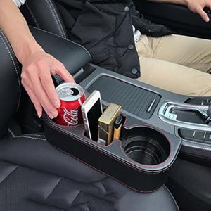 IOKONE Car Cup Holder, Auto Cup Drink Holders Multifunctional Auto Front Seat Organizer with PU Leather Cover, Gap Filler Storage Box Coin Bucket Console Side Pocket Cell Mobile Phone Holder (Black)