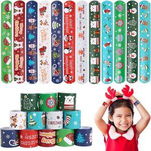 CCINEE Christmas Slap Bracelets,Xmas Slap Wristbands Snata Claus Reindeer for Christmas Party Gift Bag Filler Giveaways,48PCS