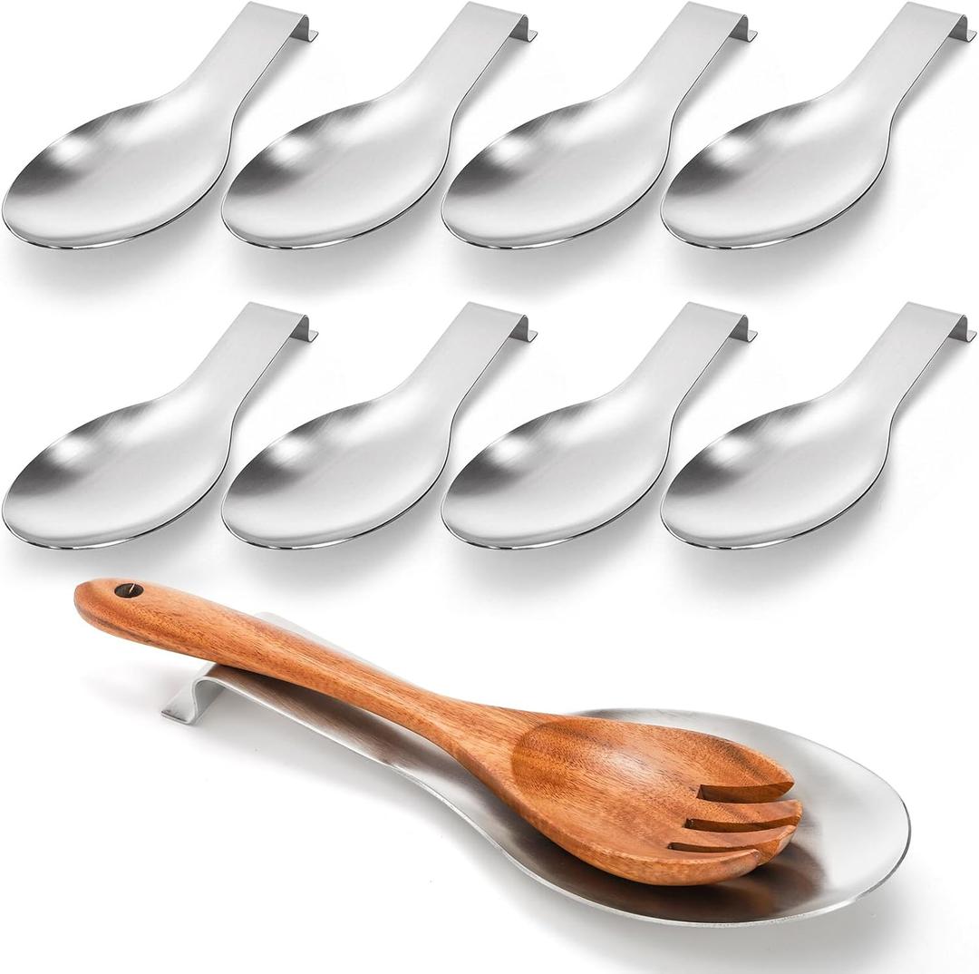 8 Pack Stainless Steel Spoon Rest, Large Size Ladle Spatula Tong Holder, Heavy Duty Cooking Utensil Rest for Stove Top Kitchen Countertop, Dishwasher Safe Kitchenware, Silver