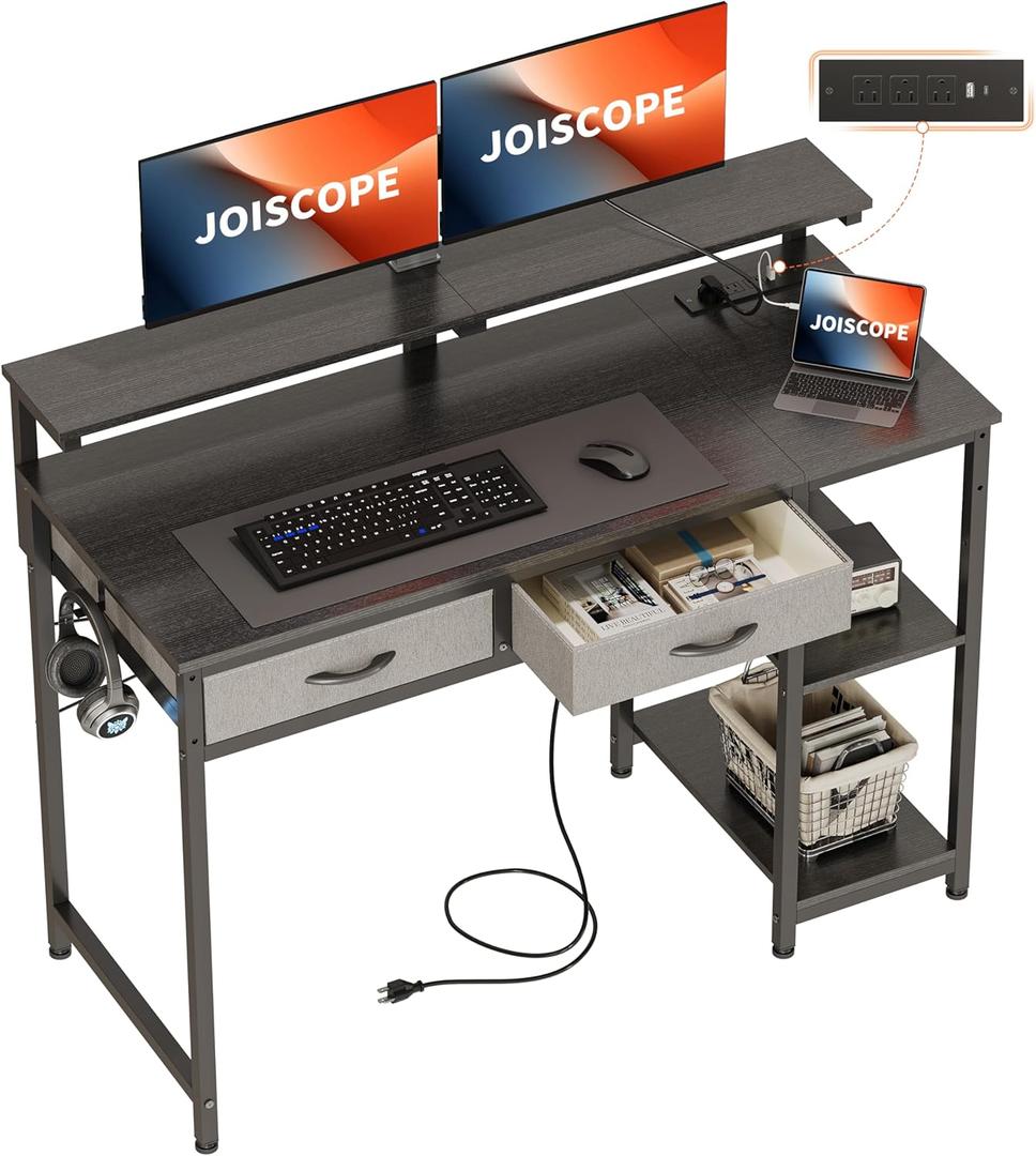 JOISCOPE Home Office Desk with Power Outlets (3AC, USB, Type-C), 48  20 Inch Computer Desk with 2 Drawers & Shelves, Laptop Table with Display Riser, Gaming Study Drafting Table for Bedroom, Black