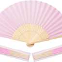50pcs pink Imitated Silk Fabric Bamboo Folded Hand Fan Bridal Dancing Props Church Wedding party favors with Organza Bags