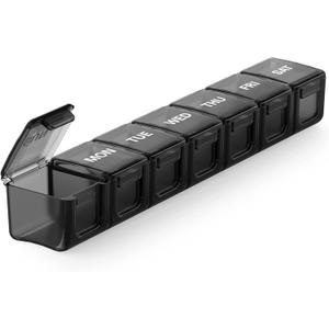 Sukuos Extra Large Weekly Pill Organizer, 7 Day Daily Pill Box Case Easy to Open, Silkscreen Printed Medicine Container with Clear Lid for Vitamins, Fish Oils or Supplements (Black)