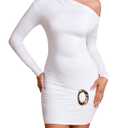 XinFSh Women's Sexy Off The Shoulder Long Sleeve Bodycon Mini Dress Fall Short Party Club Date Night Dresses White (White, XL)