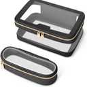 Travel Clear Makeup Bag with Makeup Brush Bag, Leather Makeup Case Toiletry Bag, Portable Cosmetic Bag Case, Transparent Waterproof Cosmetic Organizer Storage Bag for Women, Medium, Black