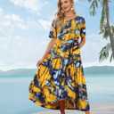YESNO Women Casual Loose Bohemian Floral Dress with Pockets Short Sleeve Long Maxi Summer Beach Swing Dress EJF (XL)