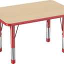 FDP Rectangle Activity School and Classroom Kids Table (24 x 36 inch), Chunky Toddler Leg, Adjustable Height 15-24 inches - Maple Top and Red Edge