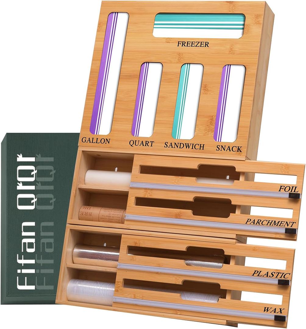 9 In 1 Storage Bag Organizer And Plastic Wrap Dispenser With Cutter, Bamboo Foil and Plastic Wrap Organizer