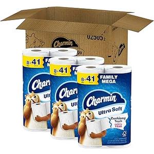 Charmin Ultra Soft Cushiony Touch Toilet Paper, 8 Family Mega = 41 Regular Rolls, White