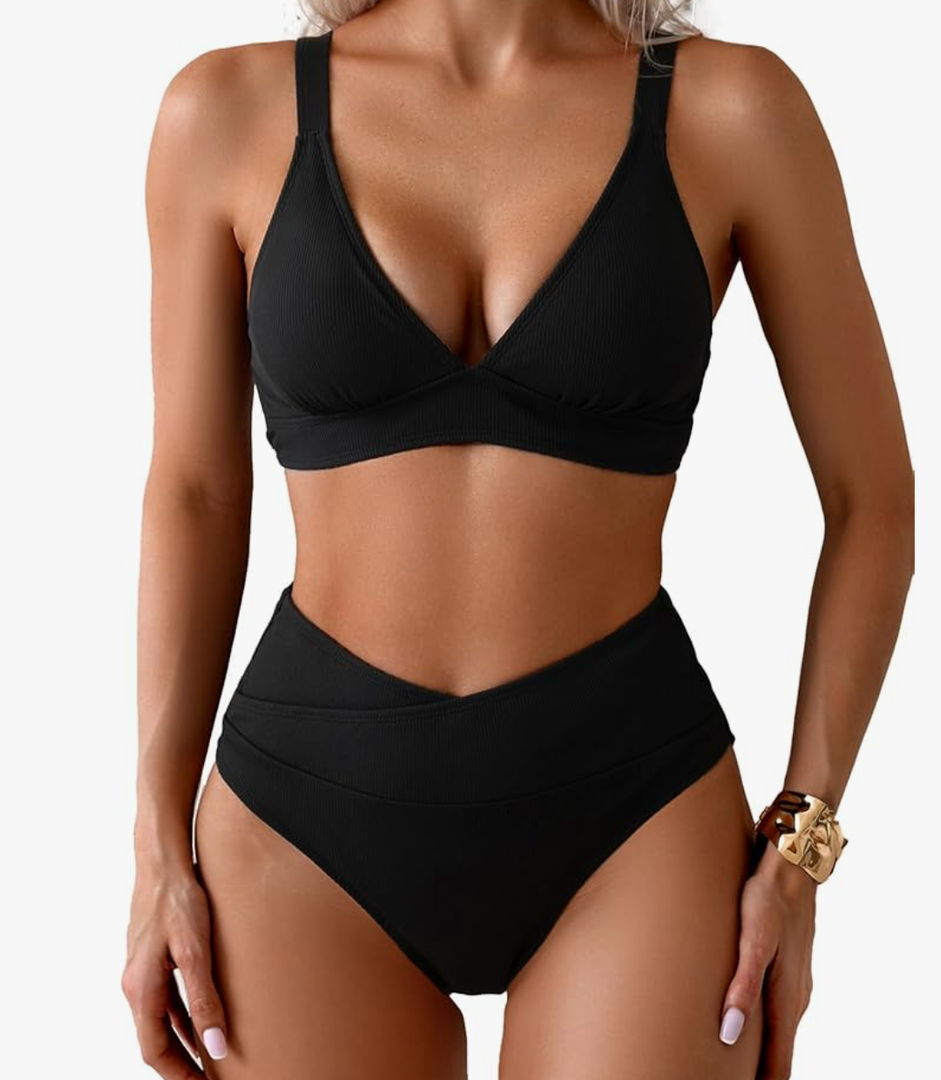 Sexy Ribbed Bikini Set Womens V-Cut Cheeky High Leg Tummy Control Longline Swimsuit 2 Piece M