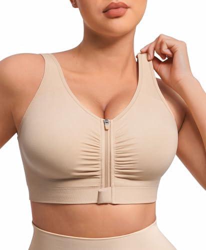 FeelinGirl Zip Front Closure Bras for Women No Underwire Compression Post Surgery Bra with Wide Adjustable Straps, size -L