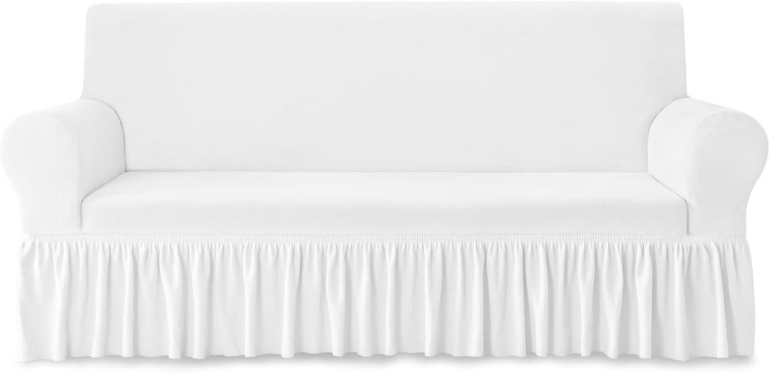 NICEEC Sofa Cover Thick Plush 1-Piece Warm White Sofa Slipcover for Sofas Stretch Fluffy Couch Covers for Living Room Easy Fit Washable Soft Furniture Sofa Protector with Skirt (Large)