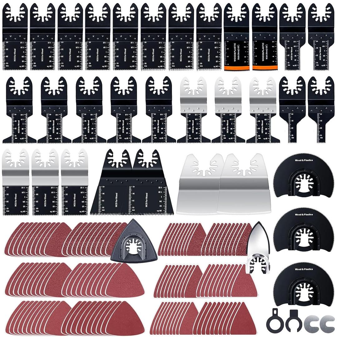 CONNOO 158 Pack Oscillating Saw Blades, Oscillating Tool Blades with Sandpaper, Multitool Bi-Metal Blades Kits for Wood Metal Plastics Quick Release Fit Dewalt Ryobi Rockwell Makita