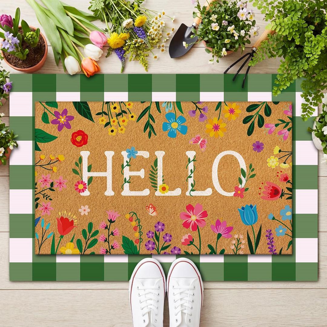 Drydiet 2 Pcs Floral Hello Coir Doormats Welcome Outdoor Summer Spring Door Mats Layered Front Door Rugs Non Slip Floor Mats for Porch Entryway Indoor Outdoor Decor